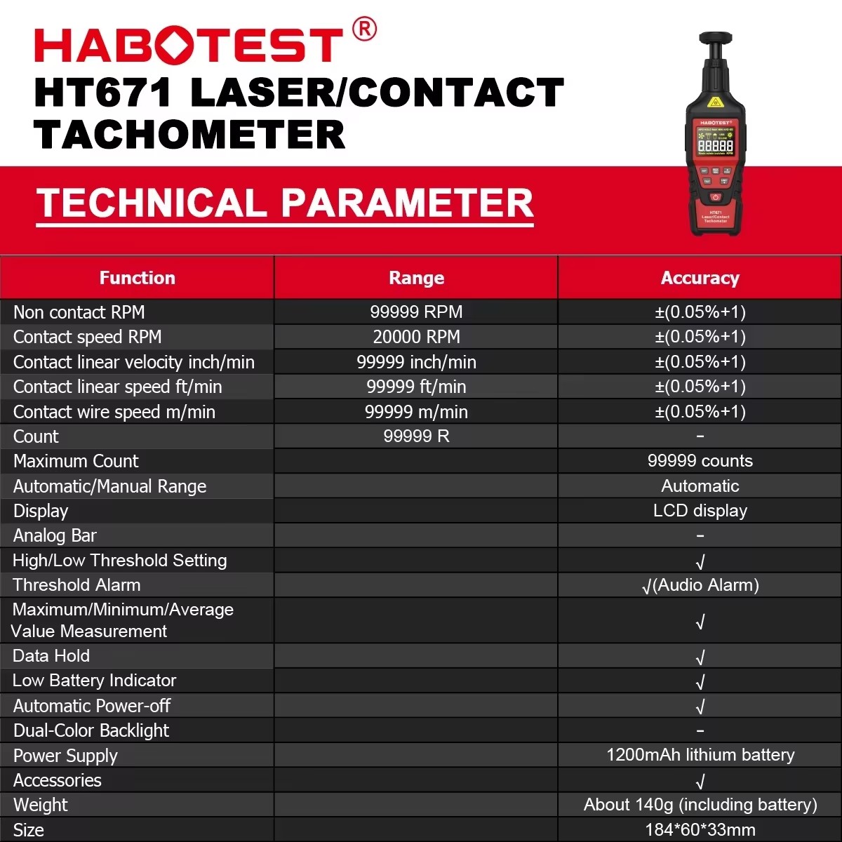Industrial Laser Tachometer - HABOTEST HT671 เครื่องวัดความเร็วรอบแบบดิจิตอล 2-in-1 แบบสัมผัสและไม่สัมผัส เครื่องวัดความเร็วรอบด้วยเลเซอร์