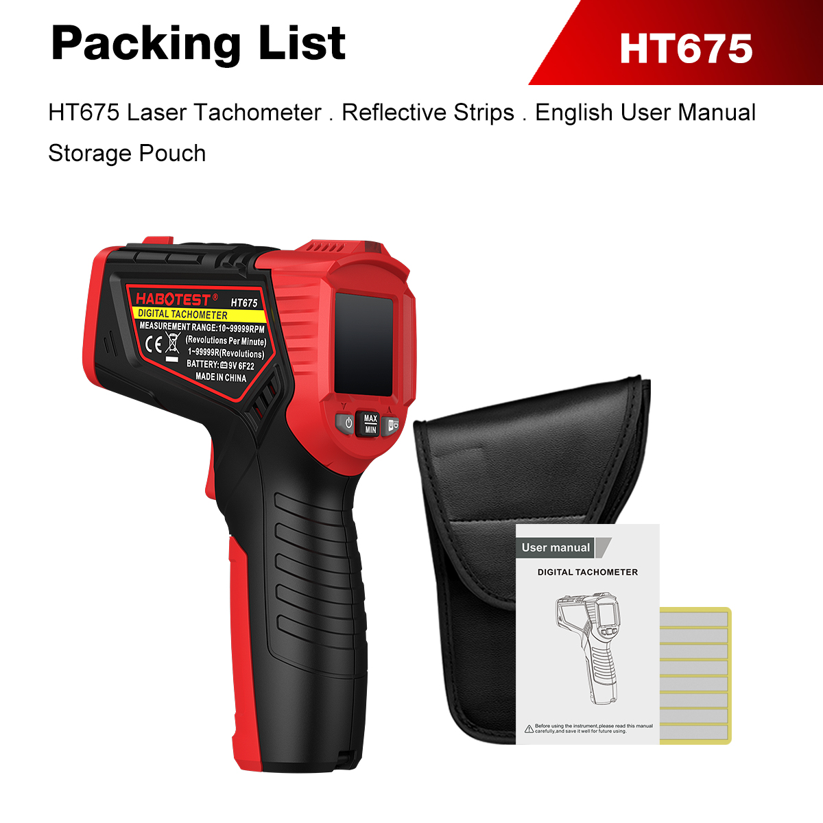 Industrial Laser Tachometer - HABOTEST HT675 เครื่องวัดความเร็วรอบแบบไม่สัมผัส เลเซอร์ ดิจิตอล วัดรอบต่อนาที