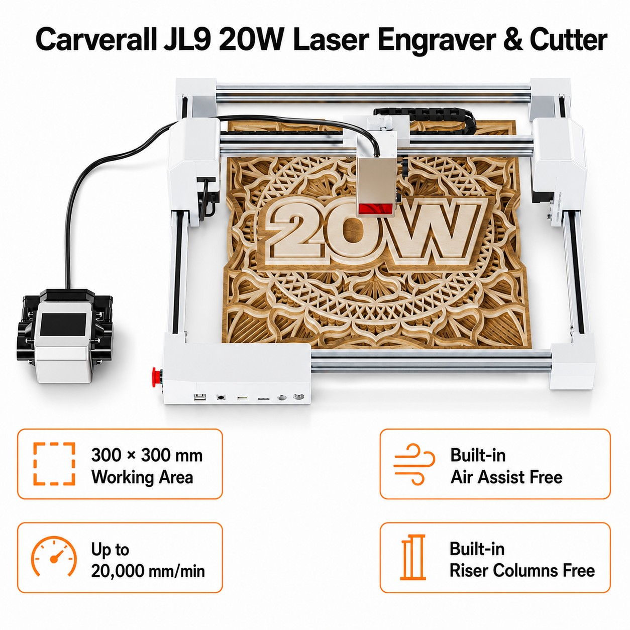 Industrial Laser Removal - เครื่องแกะสลักเลเซอร์ Carverall JL9 20W, เครื่องแกะสลักเลเซอร์แบบตั้งโต๊ะขนาด 300x300
